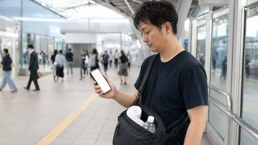 駅でスマートフォンを確認しながら遠征準備をする男性
